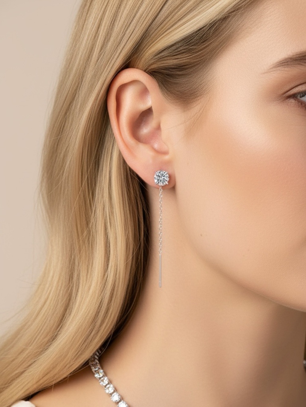 S925 Sterling Silver CZ Water drop threader earrings. New. - Picture 3 of 12